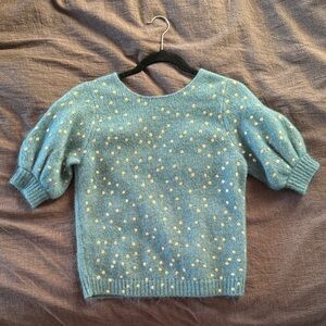 Sézane Blue Knit Sweater with gold Polka Dots